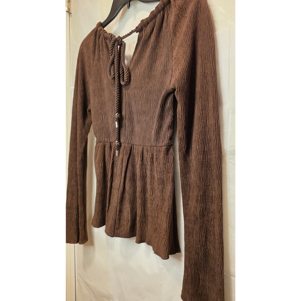 NwT Moon River Chocolate Ruche Long Sleeve Boho Peplum Textured Top XS - Picture 5 of 12